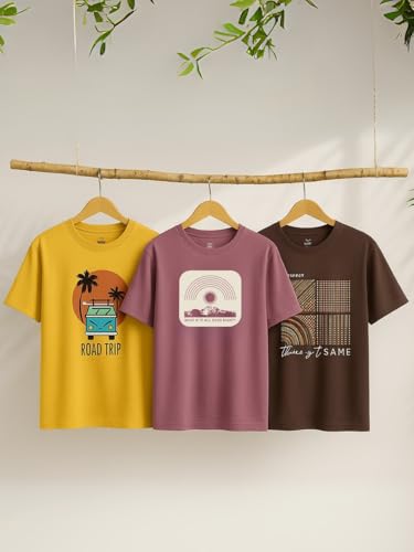 Nobero MenS Graphic Print Regular Fit T-Shirt (1M-Twts-C0948-216X_Mustard Yellow/Grape Nectar/Chocolate Fondant