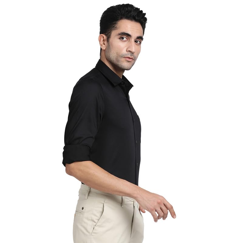 Turtle Men Cotton Stretch Black Solid Slim Fit Casual Shirts
