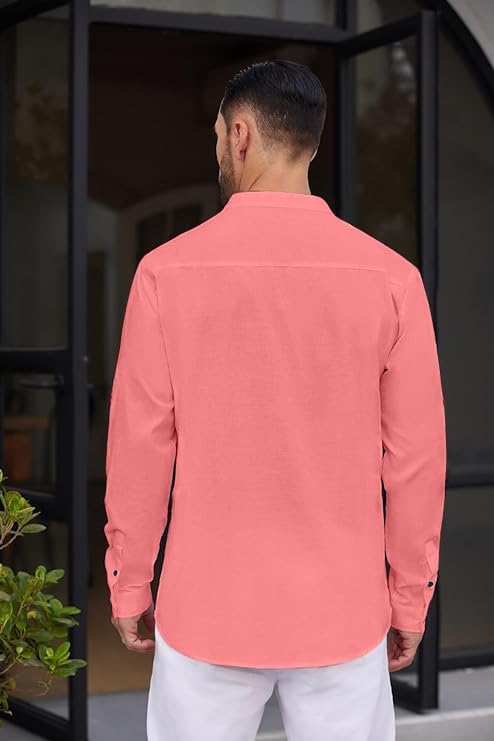 ROYALSCOUT Mens Solid Cotton Blend Straight Kurta Shirt | Regular Fit Full Sleeve Short Kurta Peach
