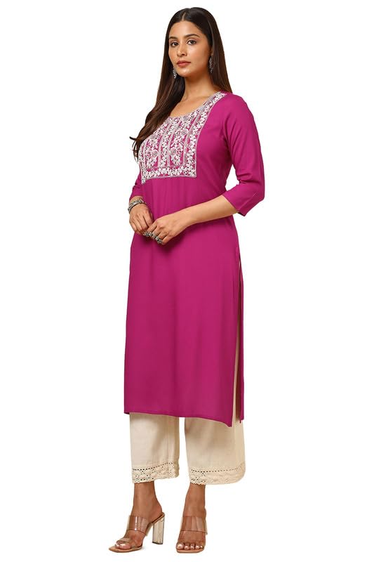 Soch Womens Magenta Rayon Embroidered Kurta with Sequins