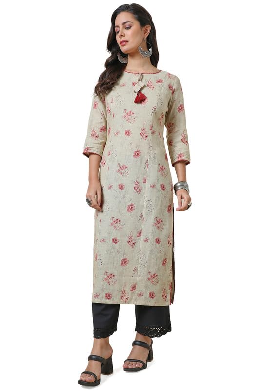 Soch Womens Beige Pure Linen Boat Neck Kurta with Tassels