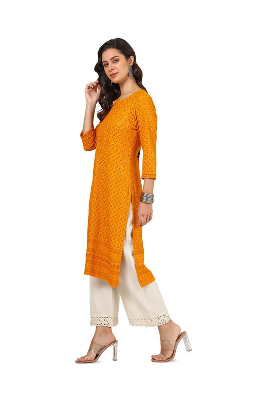 Soch Womens Mustard Rayon Embroidered Kurta With Sequence Work