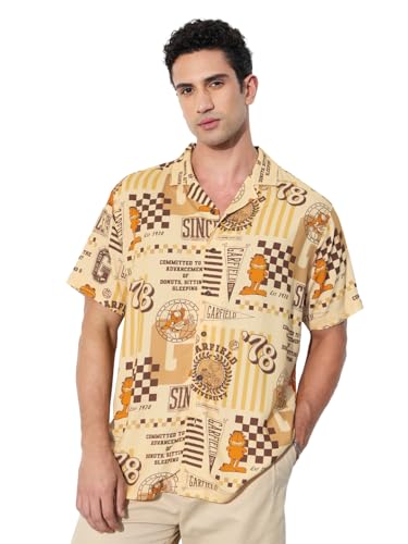 The Souled Store Garfield: All Star Men and Boys Short Sleeves Collared Neck Button Front Yellow All Over Printed Regular Fit Ra