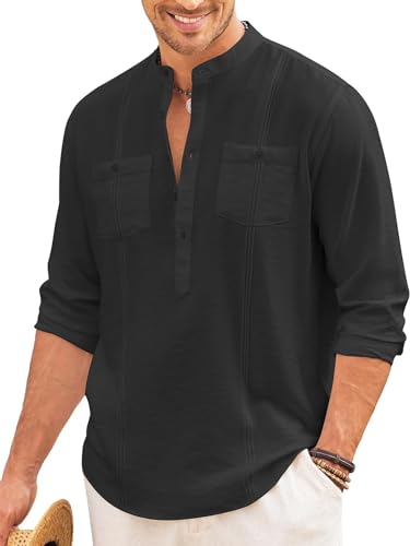 Macsivo Cotton Blend Solid Casual Short Kurta For Men Long Sleeve Mandarin Collar Stylish Shirt Kurta For Men Black