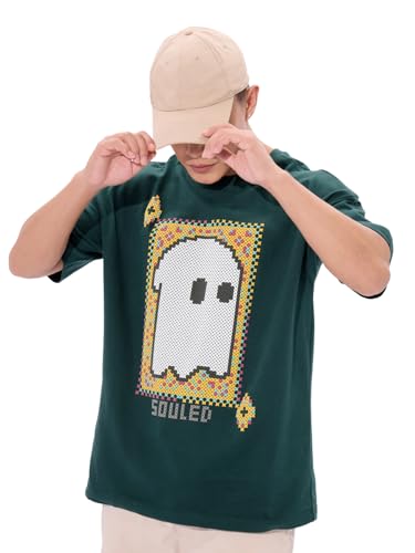 The Souled Store Soul Spirit Men And Boys Short Sleeves Round Neck Green Puff Printed Cotton Oversized T-Shirts