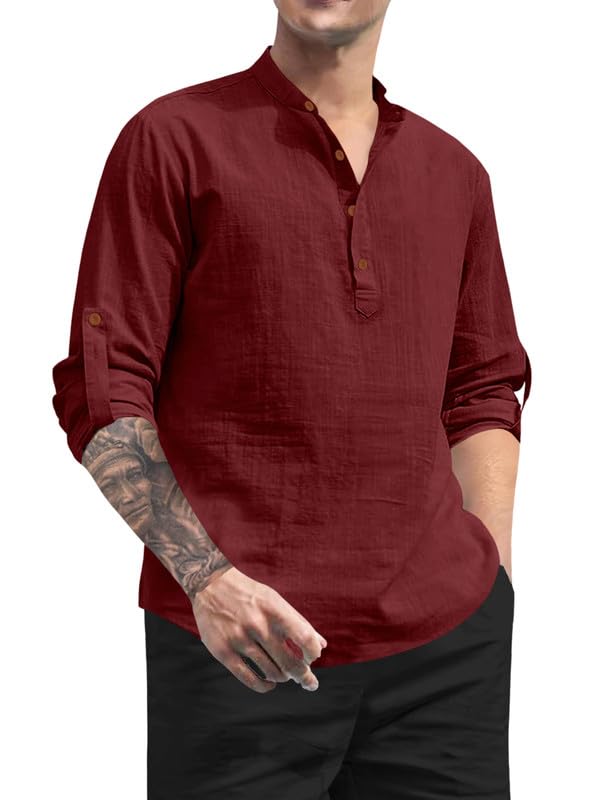 Royalscout MenS Cotton Polyester Blend Solid Regular Fit Full Sleeve Short Kurta Maroon