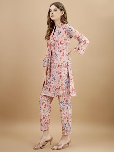 Womanista Women's Multi Coloured Pure Cotton Floral Printed Tunic with Trouser Co-Ord(Co-ords_9077)