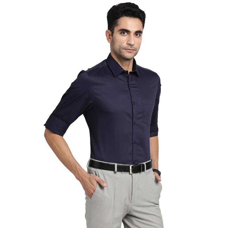 Turtle Men 100% Cotton Navy Blue Solid Slim Fit Formal Shirts