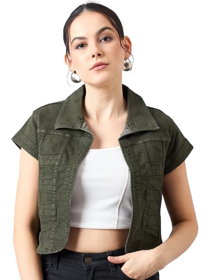 Style Quotient Women Olive Open Front Denim Shrug