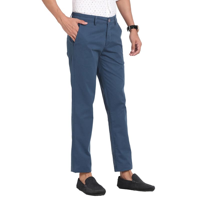 Turtle Men Cotton Stretch Blue Solid Ultra Slim Fit Casual Trouser