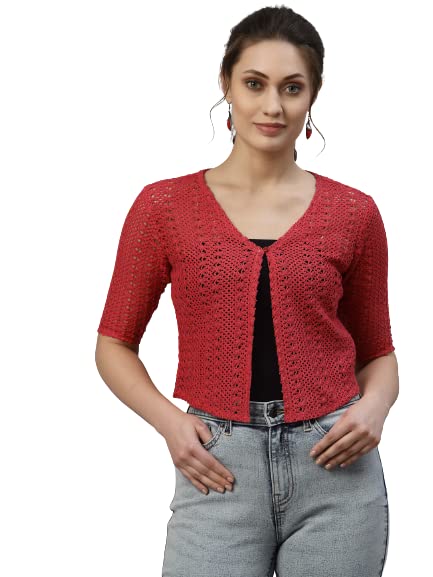 Style Quotient Women Self Design Red Cotton lace Regular Smart Casual Shrug