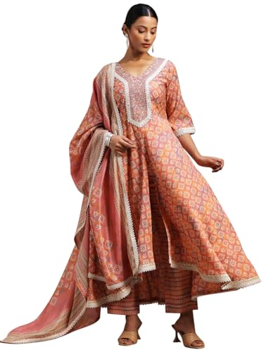 Libas Womens Silk Blend Printed Kurta Set (36696O_Peach