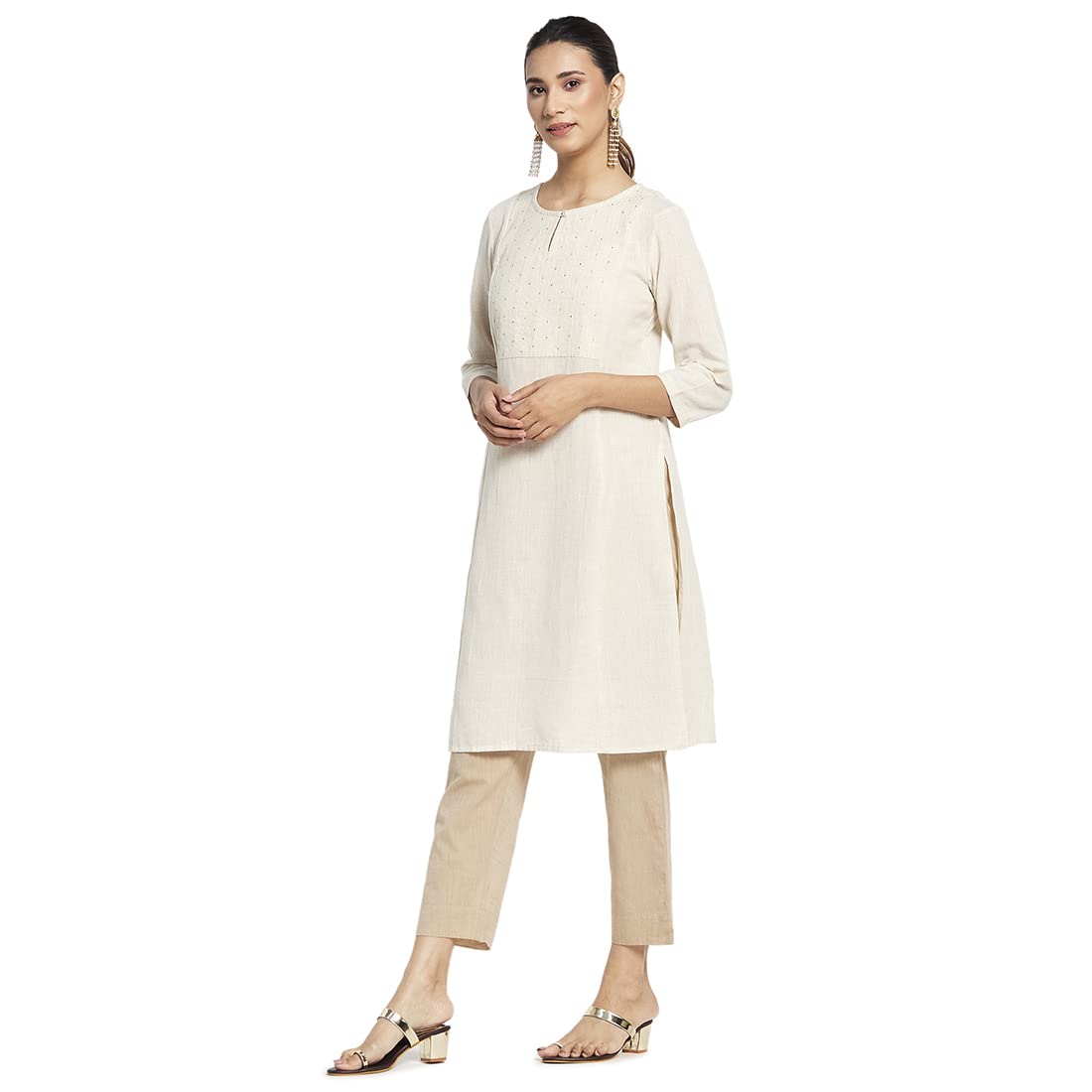 Fabindia Women Cotton Linen Knee Length Kurta Natural