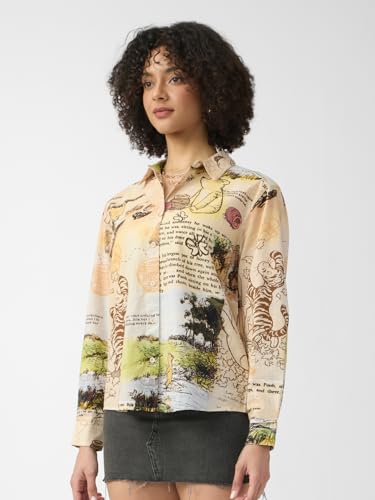 The Souled Store Winnie The Pooh: Wonderland Women and Girls Long Sleeves Collared Neck Button Front Beige Printed Regular Fit C