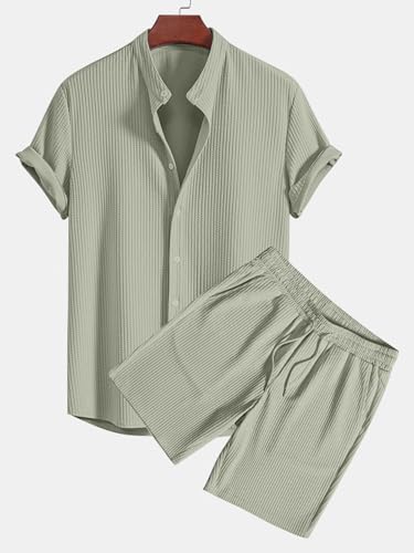 Greciilooks MenS Summer Casual Two Piece Outfit, Textured Button Down Shirt And Shorts Set Green