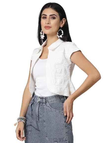 Style Quotient Women Off White Denim Open Front Regular Shrug