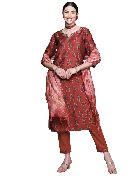 anubhutee Womens Cotton Maroon Ethnic Motifs Printed Straight Kurta Suit Set With Pants And Dupatta