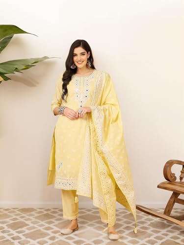 ishin Women Ethnic motifs printed mirror work inspired straight kurta with pants and dupatta