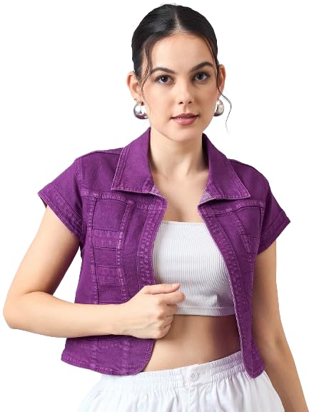 Style Quotient Women Purple Open Front Denim Shrug