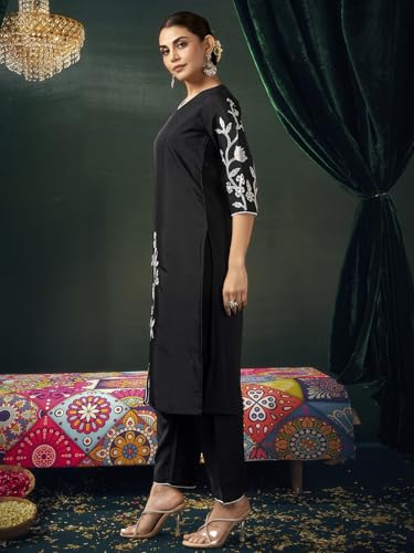 Sanisa Women's Silk Blend Embroidery and Mirror Work Straight Kurta with Pant and Dupatta Set