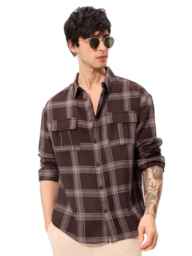 The Souled Store Brown Men And Boys Long Sleeve Collared Neck Regular Fit Cotton Button Down Utility Shirt