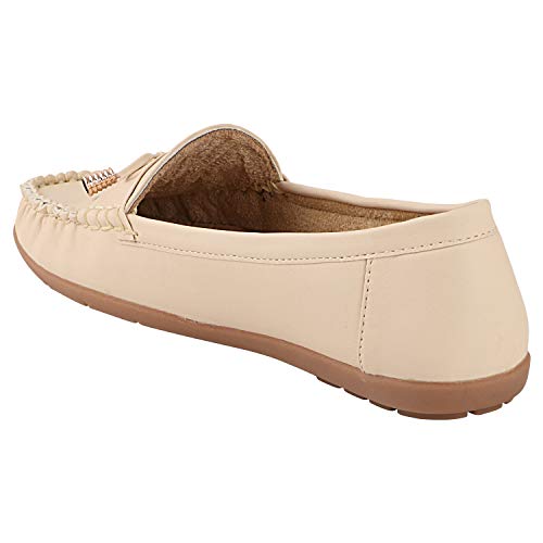 Shoetopia Womens Block Heel Loafers Cream