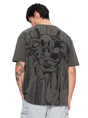 The Souled Store Official Deadpool: Miss Me? Men And Boys Short Sleeves Round Neck Grey Graphic Printed Cotton Oversized T-Shirt