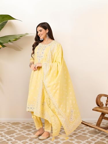 ishin Women Ethnic motifs printed mirror work inspired straight kurta with pants and dupatta