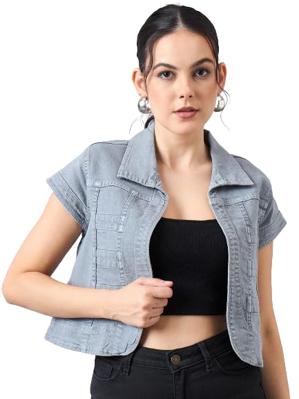 Style Quotient Women Grey Open Front Denim Shrug