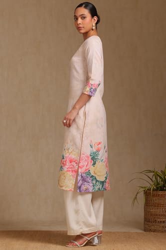 Soch Womens Beige Rayon Botanical Print Kurta with Beads