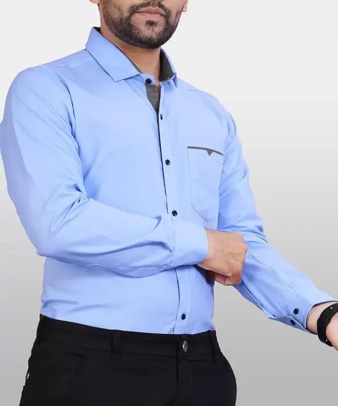 Tee Projekt Mens Regular Fit Solid Soft Touch Cotton Casual Shirt with Pocket Design with Spread Collar & Full Sleeves. Sky Blu