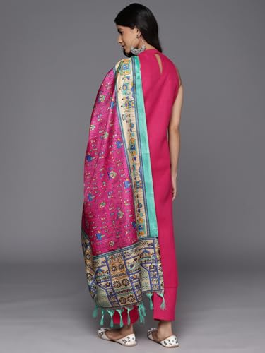 Varanga Women Pink Halter Neck Solid Kurta Paired With Tonal Bottom And Bhagalpuri Printed Dupatta