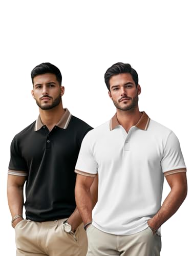 Veirdo Mens Pack of 2 100% Cotton Regular Fit Solid Plain Classic Polo Collar T-Shirt Short Sleeve Whi