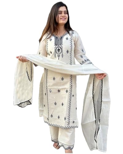 GoSriKi Womens Rayon Blend Straight Embroidered Kurta with Pant & Dupatta (DEVANAGRI White-GS_XL_White_X-Large)