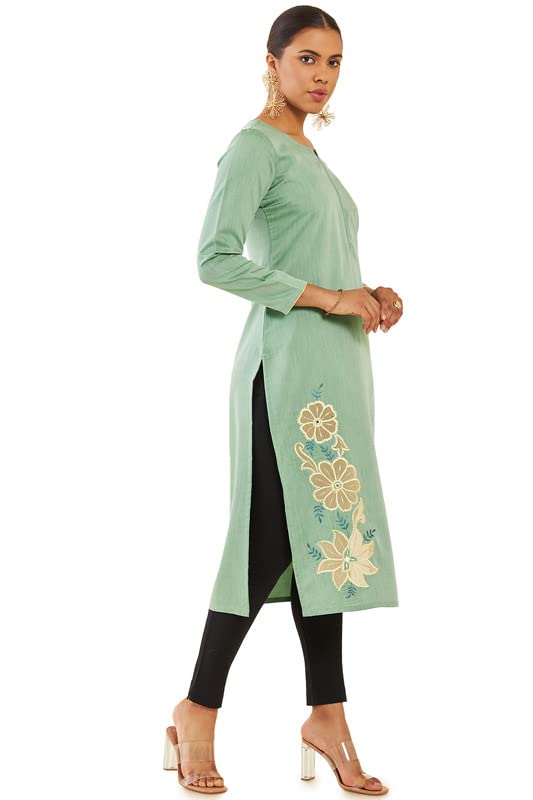 Soch Women Green Rayon Floral Embroidered Kurta with Cutwork and Mirror Embellishment