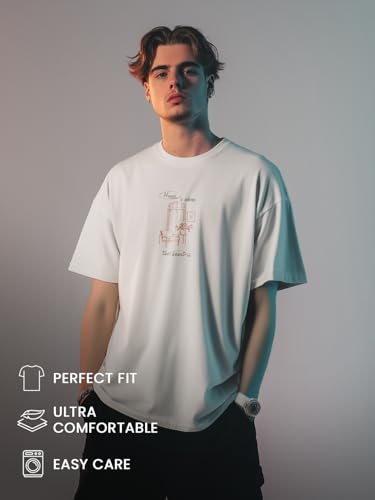 Nobero MenS Graphic Print Oversized Fit T-Shirt (1M-Twrt-C1099_White