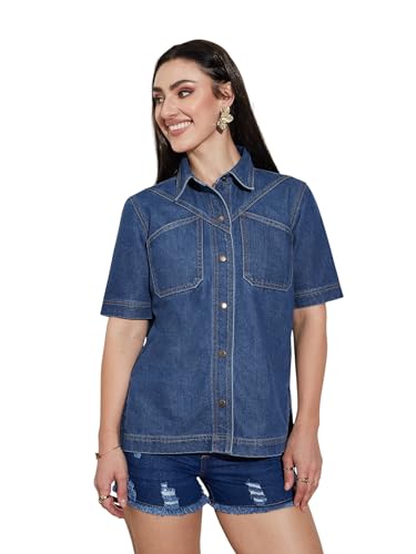 Miss Chase WomenS Boxy Denim Shirt Half Sleeves, Collared, Relaxed Fit,(Mcss25Den74-40-57-04, Dark Blue, M)