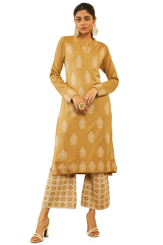 Soch Womens Beige Acrylic Leaf and Geometric Pattern Knitted Winter Kurta Set