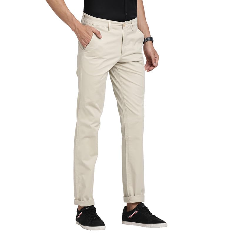 Turtle Men Cotton Stretch Cream Solid Ultra Slim Fit Casual Trouserss