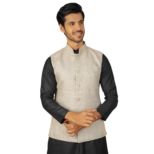 Wintage MenS Linen Cream Nehru Jacket With Black Kurta And White Pyjama : Wc157Linennaturalkp001
