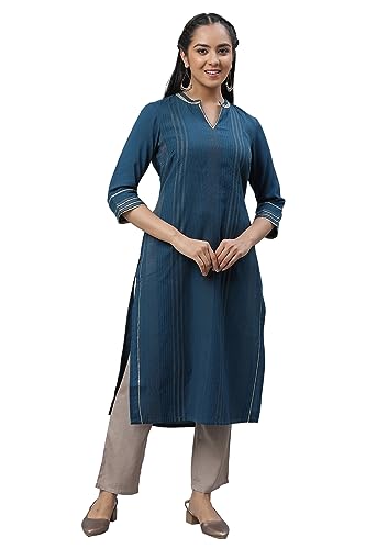 Aurelia Blue Striped Cotton Poly Blend Lace Kurta For Women