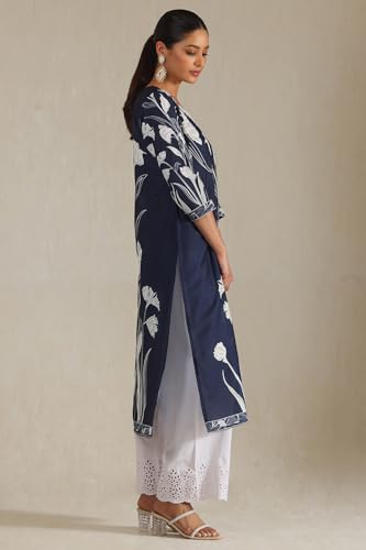 Soch Womens Navy Blue Muslin Botanical Print Kurta with Thread Work