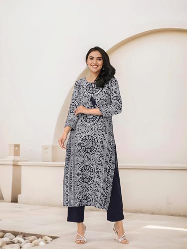 ishin Bandhani printed navy blue cotton tie up kurta with solid pants