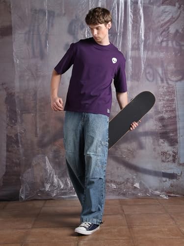 Hubberholme Men Printed Oversized Round Neck Half Sleeves Tshirts 30 Purple