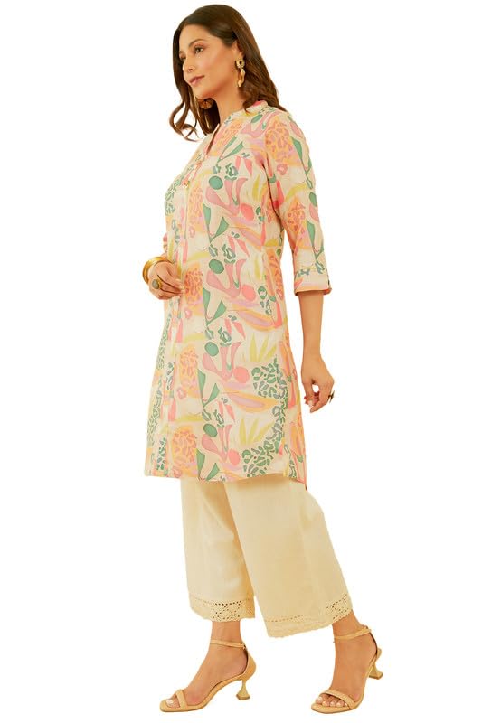 Soch Womens Beige & Red Abstract Print Linen Blend Kurta
