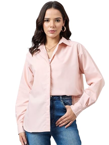 Style Quotient Women Solid Nude Smart Casual Oversized Polycotton Shirt