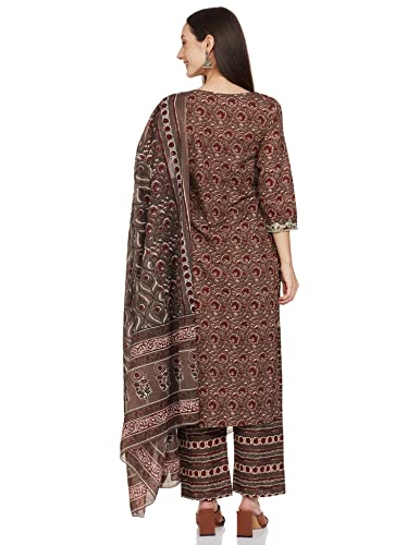 anubhutee Women's Cotton Brown Floral Printed Straight Kurta Suit Set With Pants And Dupatta