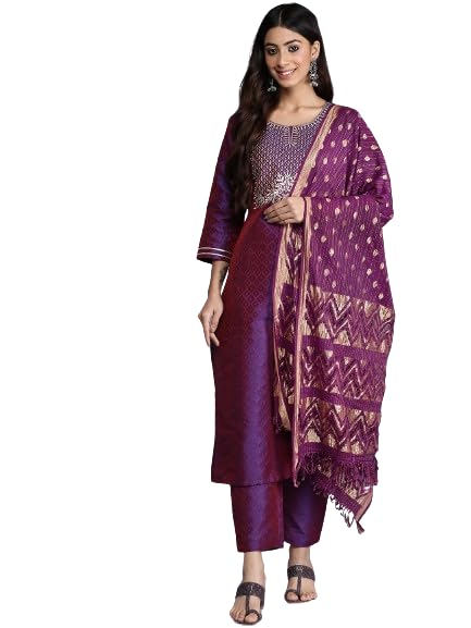 Varanga Women Purple Embroidered Kurta Paired With Tonal Bottom And Dupatta