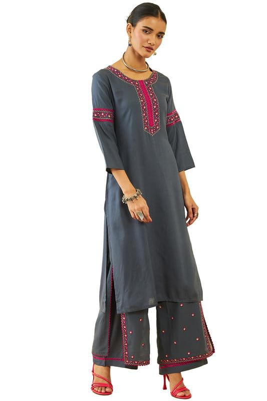 Soch Womens Grey Rayon Slub Embroidered Round-Neck Kurta Sets with Layered Palazzo