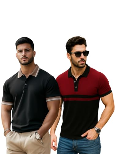 Veirdo Mens Pack of 2 100% Cotton Regular Fit Solid Plain Classic Polo Collar T-Shirt Short Sleeve Bla